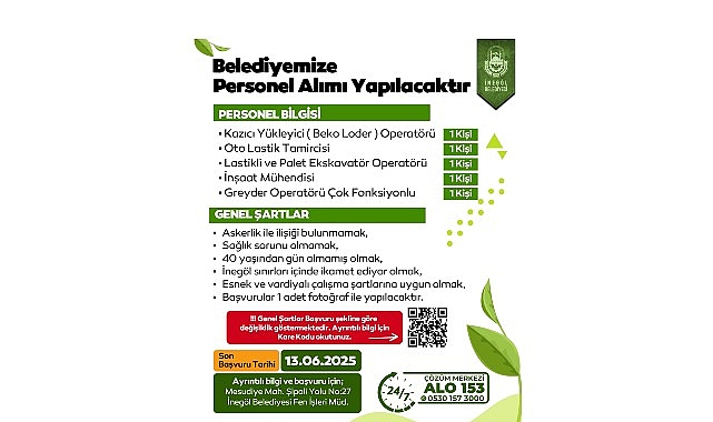 İnegöl Belediyesi 5 Farklı Alanda Personel Alımı Yapacak